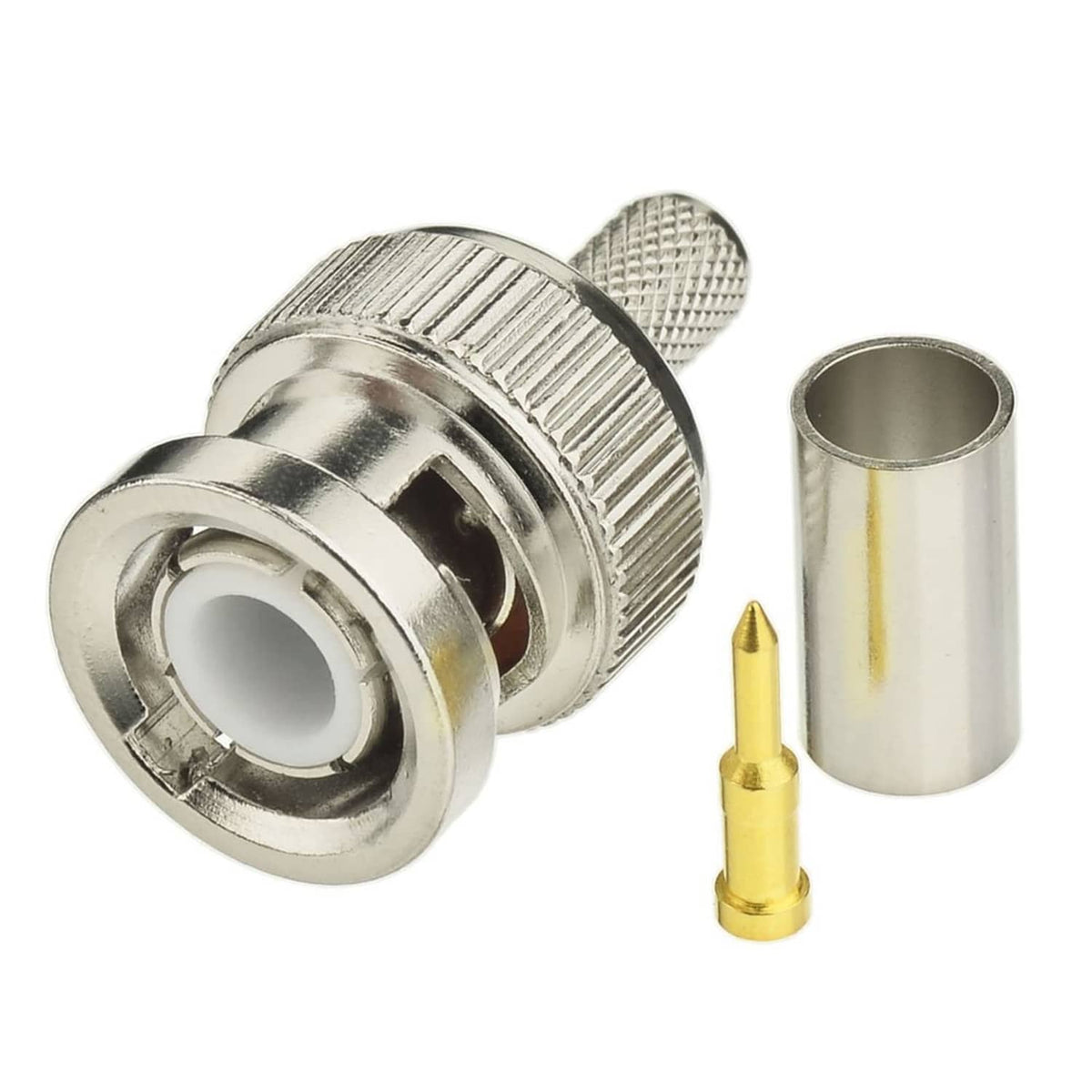 10-pack BNC male crimp connectors with brass contact pin and heat-shrink sleeves