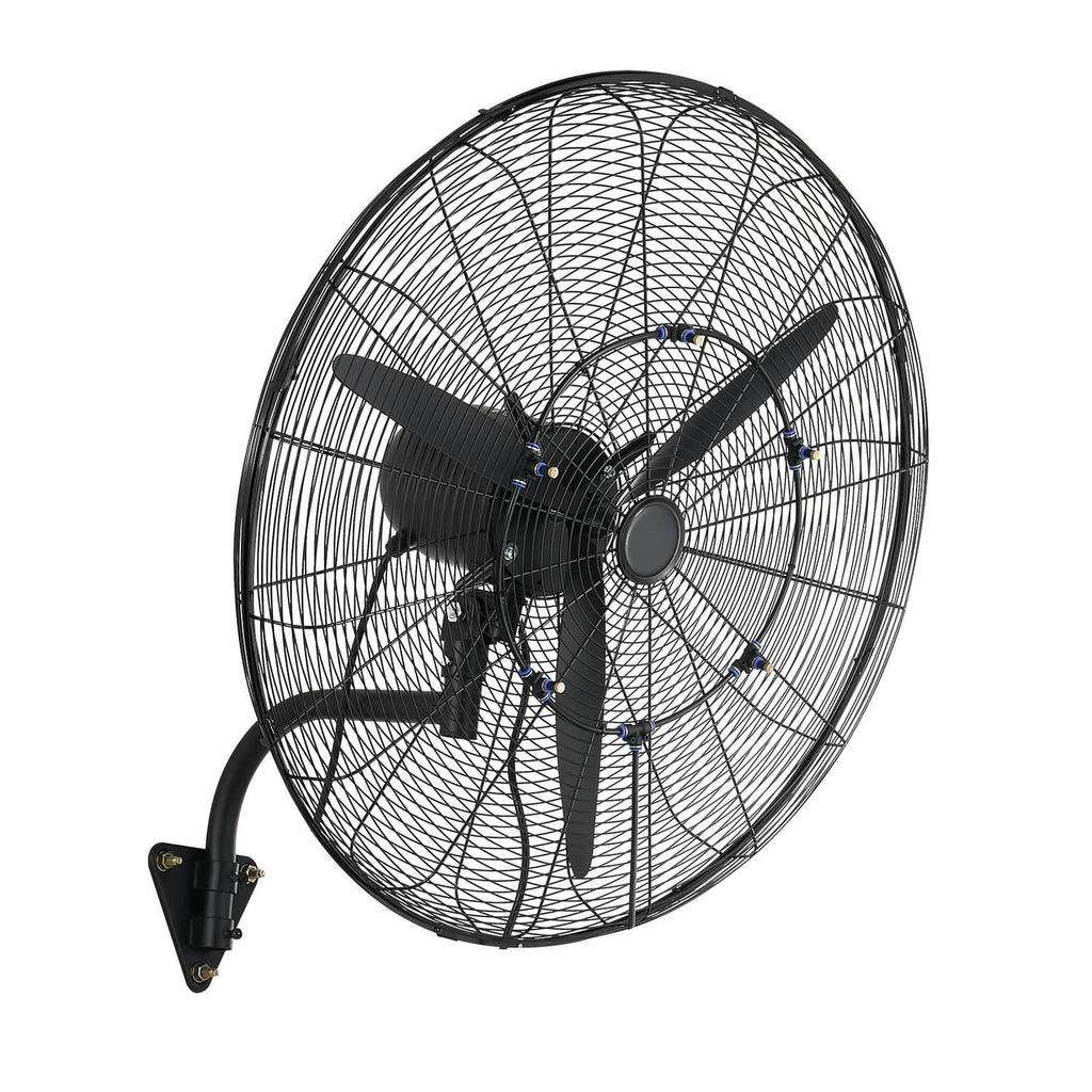 Wall-mounted oscillating fan with black motor, wire fan guard, and four blades.