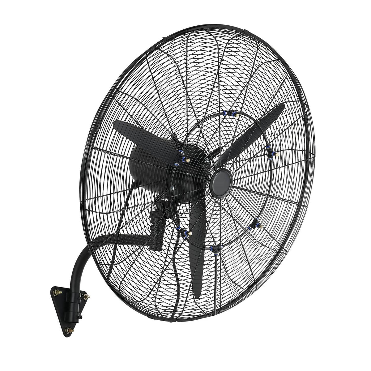 Wall-mounted oscillating fan with black motor, wire fan guard, and four blades.