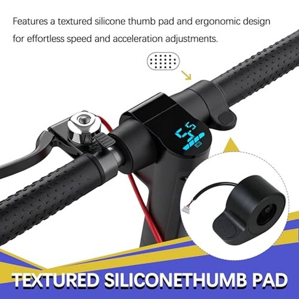 Black thumb throttle with textured silicone thumb pad and handlebar control housing