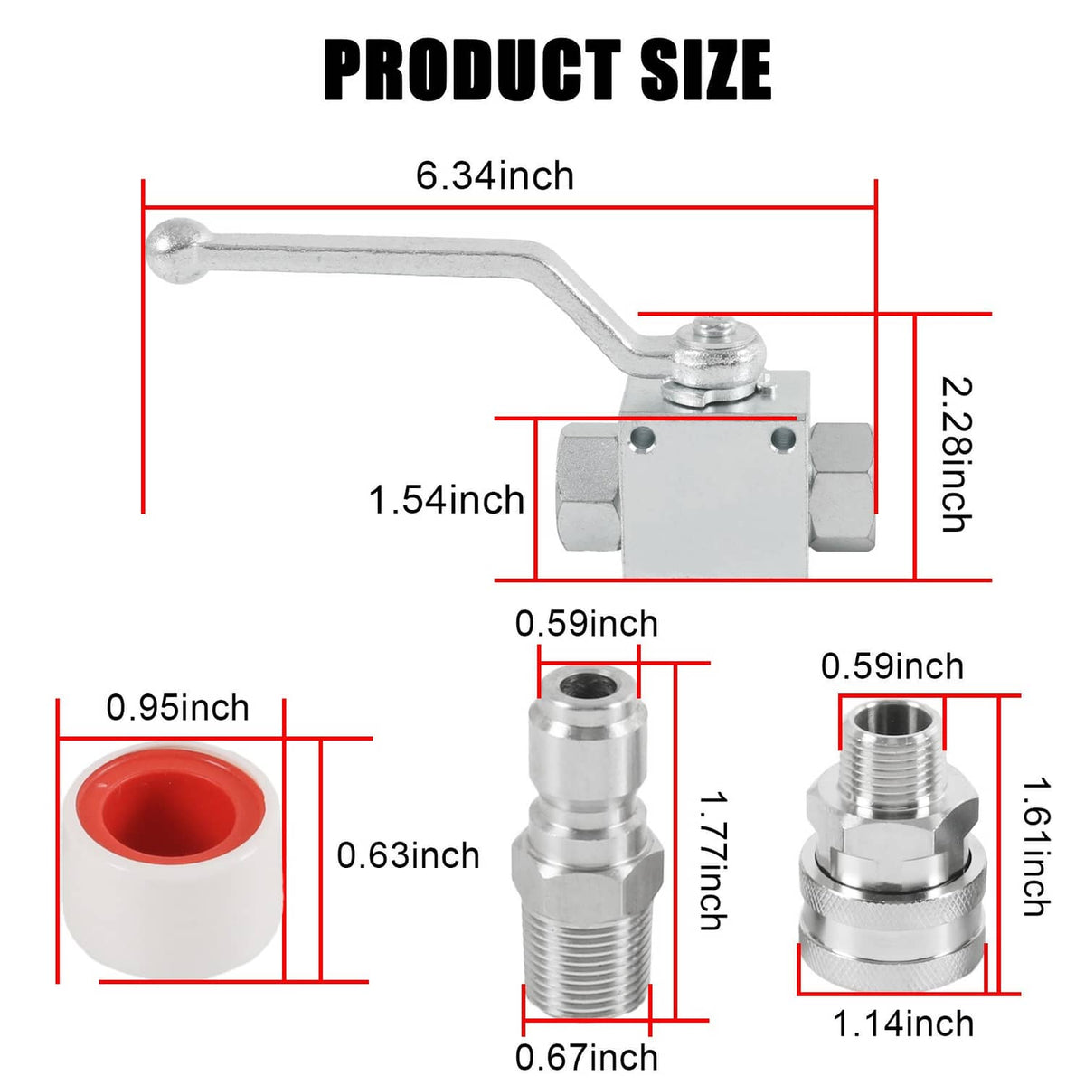 Pressure washer ball valve with lever handle and quick-connect adapter, size diagram view