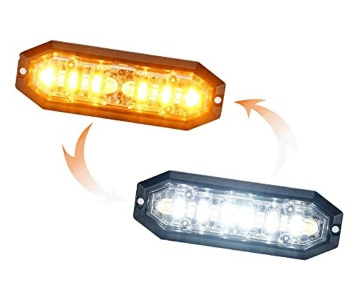 Surface-mount LED strobe warning light with amber lens and white LED module, black case