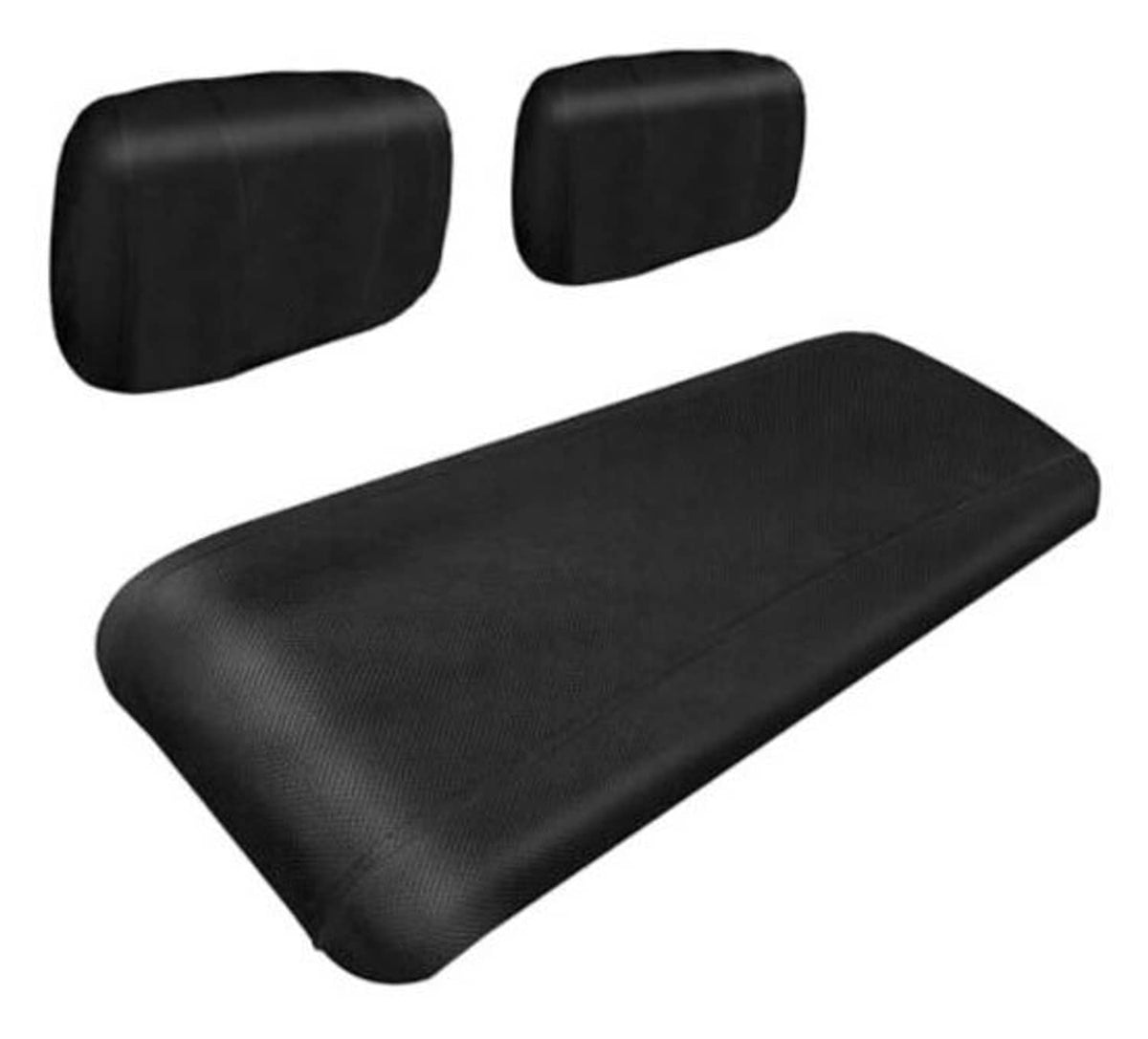 Black polyester mesh golf cart seat cover set with seat cushion and backrest.