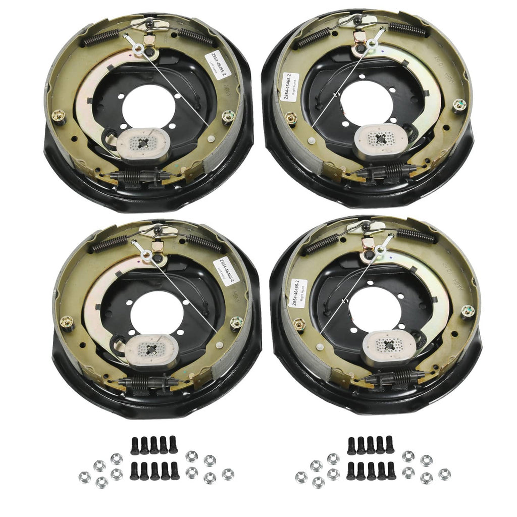 Trailer electric brake backing plate assemblies, self-adjusting design, black and olive.