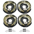 Trailer electric brake backing plate assemblies, self-adjusting design, black and olive.