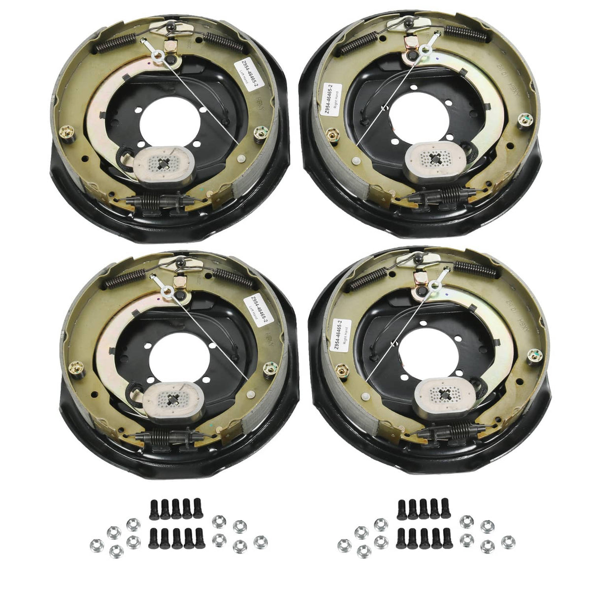 Trailer electric brake backing plate assemblies, self-adjusting design, black and olive.