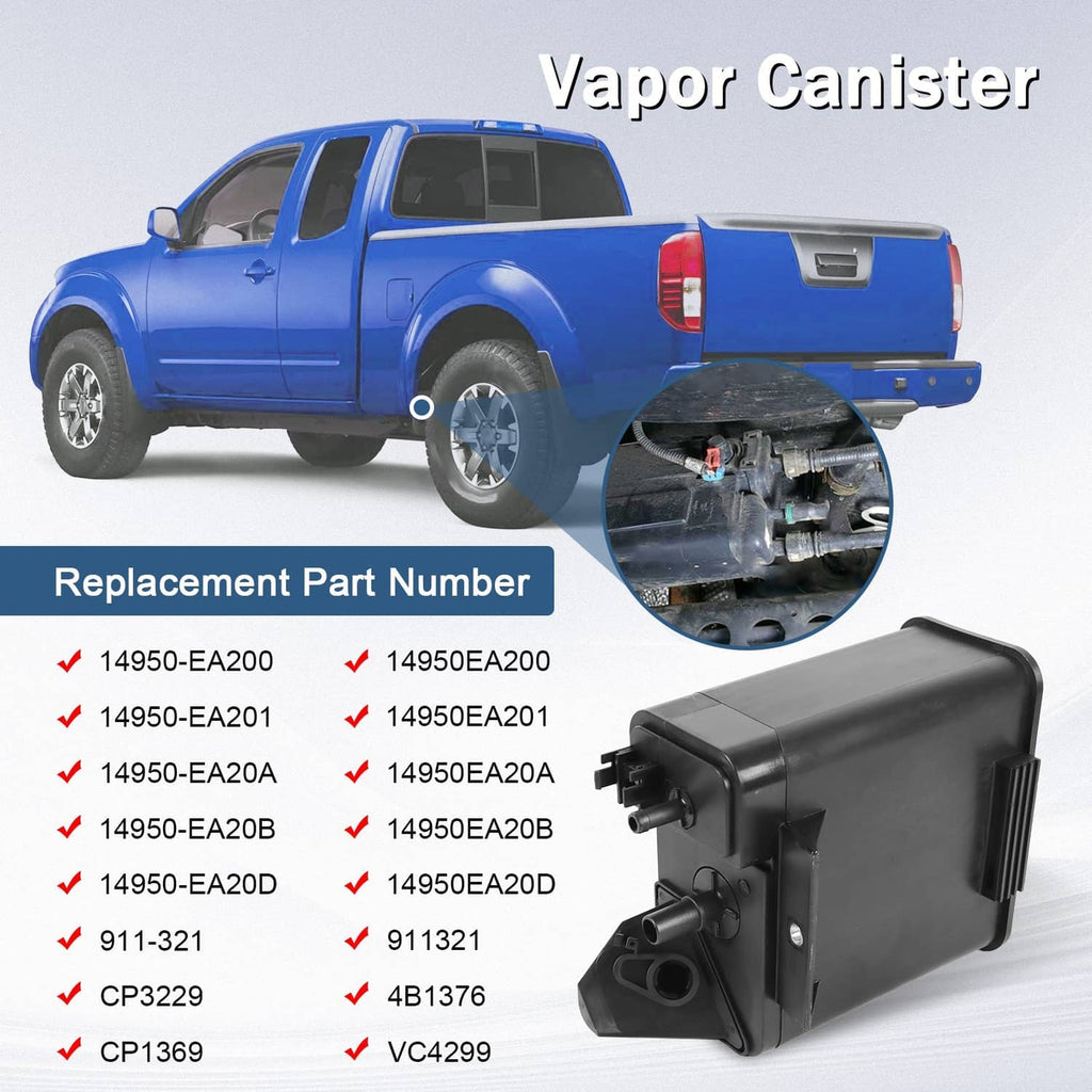 Black vapor canister with mounting bracket and circular inlet ports, shown with vehicle fitment