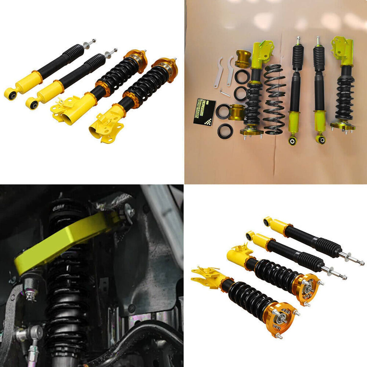 Adjustable coilover shock set with yellow components, black springs, and included parts