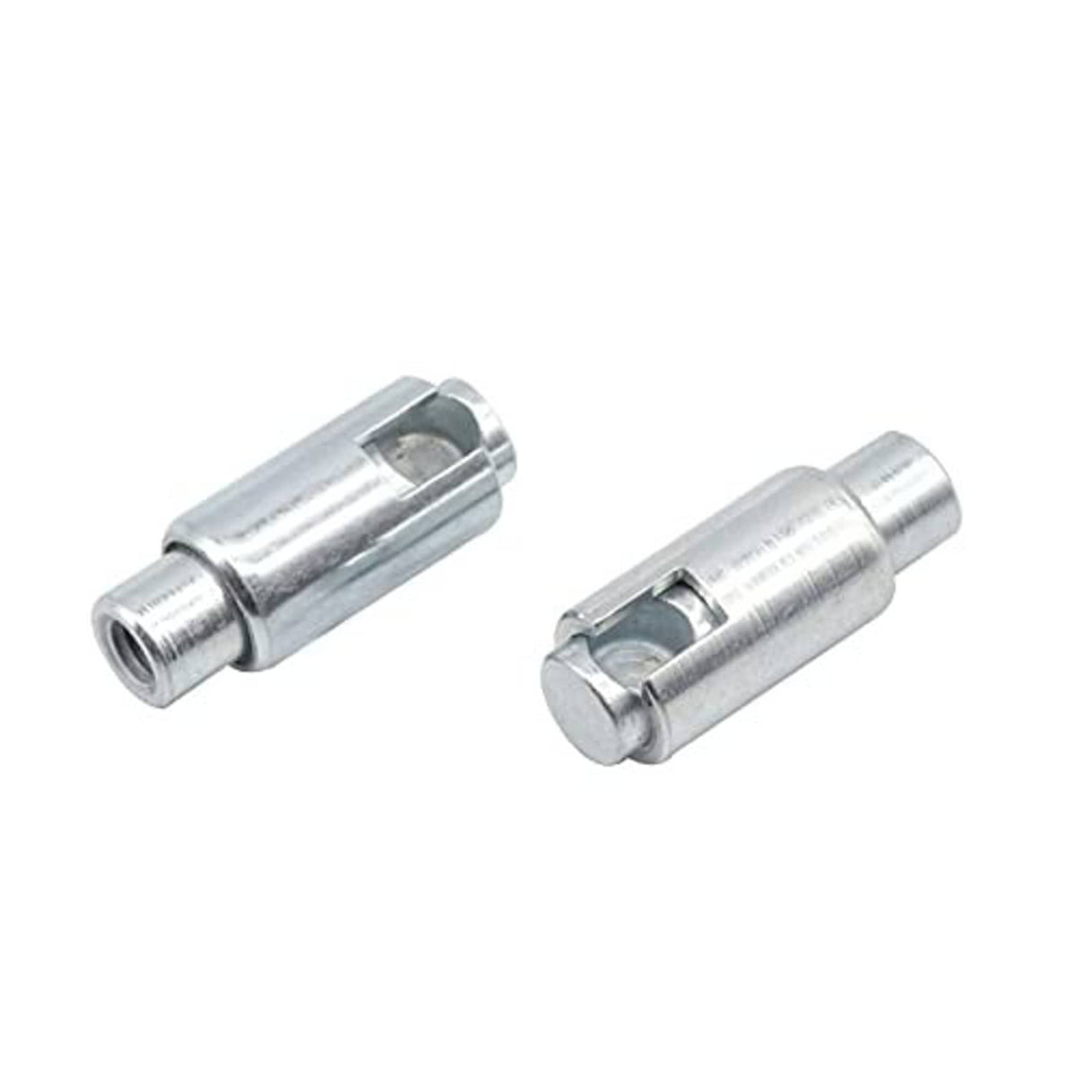 Transmission cable end connectors, two silver cylindrical sleeves with open slots
