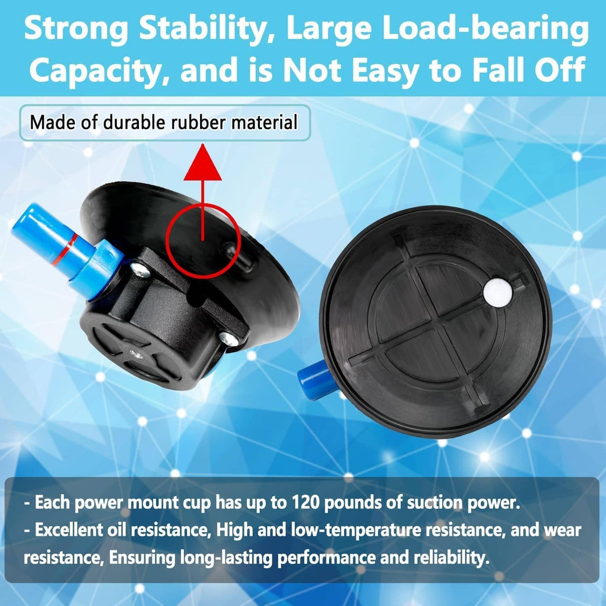 Rubber vacuum suction cup mount with blue connector, close-up of base and ports