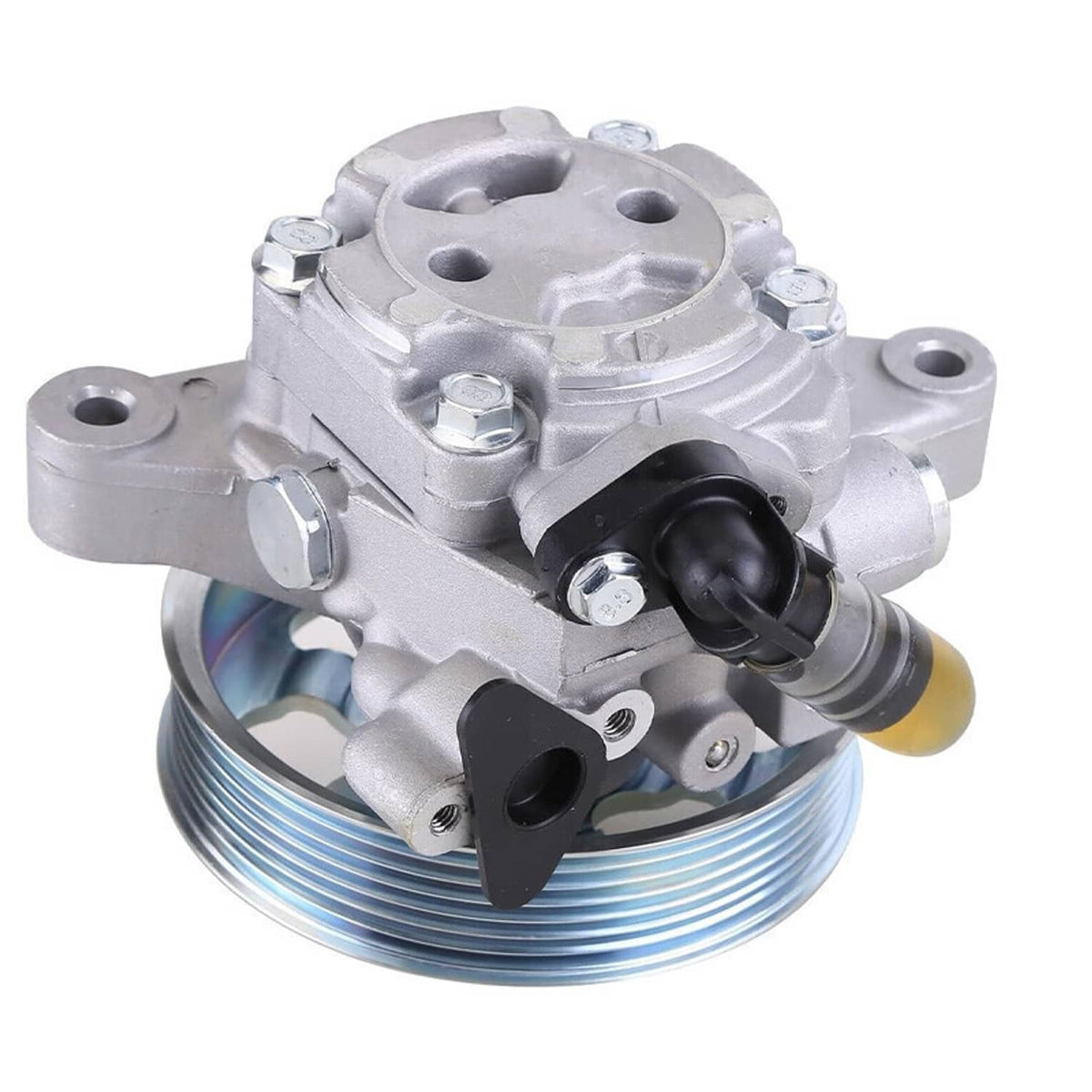 Power steering pump assembly with pulley and black sensor/line fitting, silver metal body