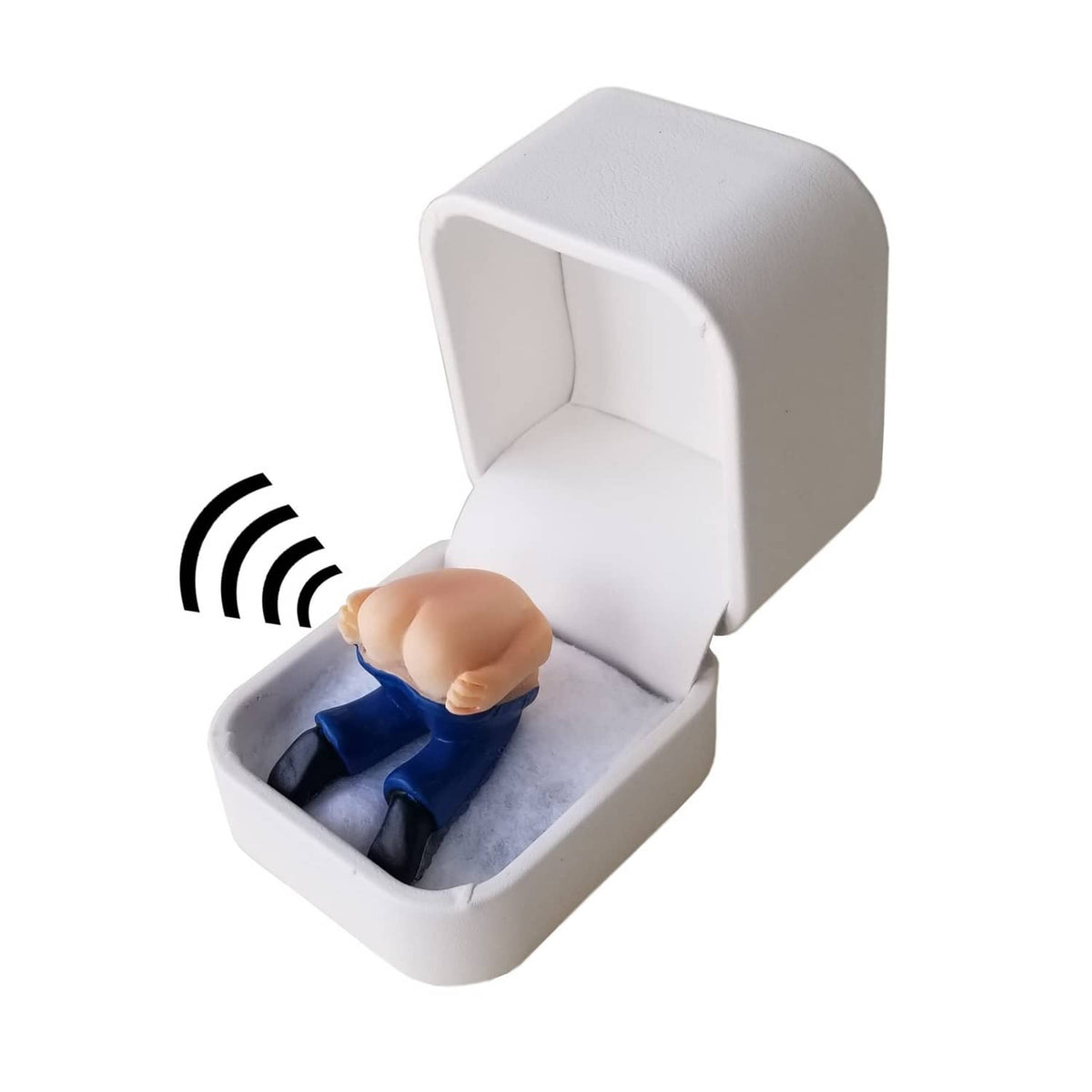 White ring gift box open; blue prank ring in gray insert with sound waves