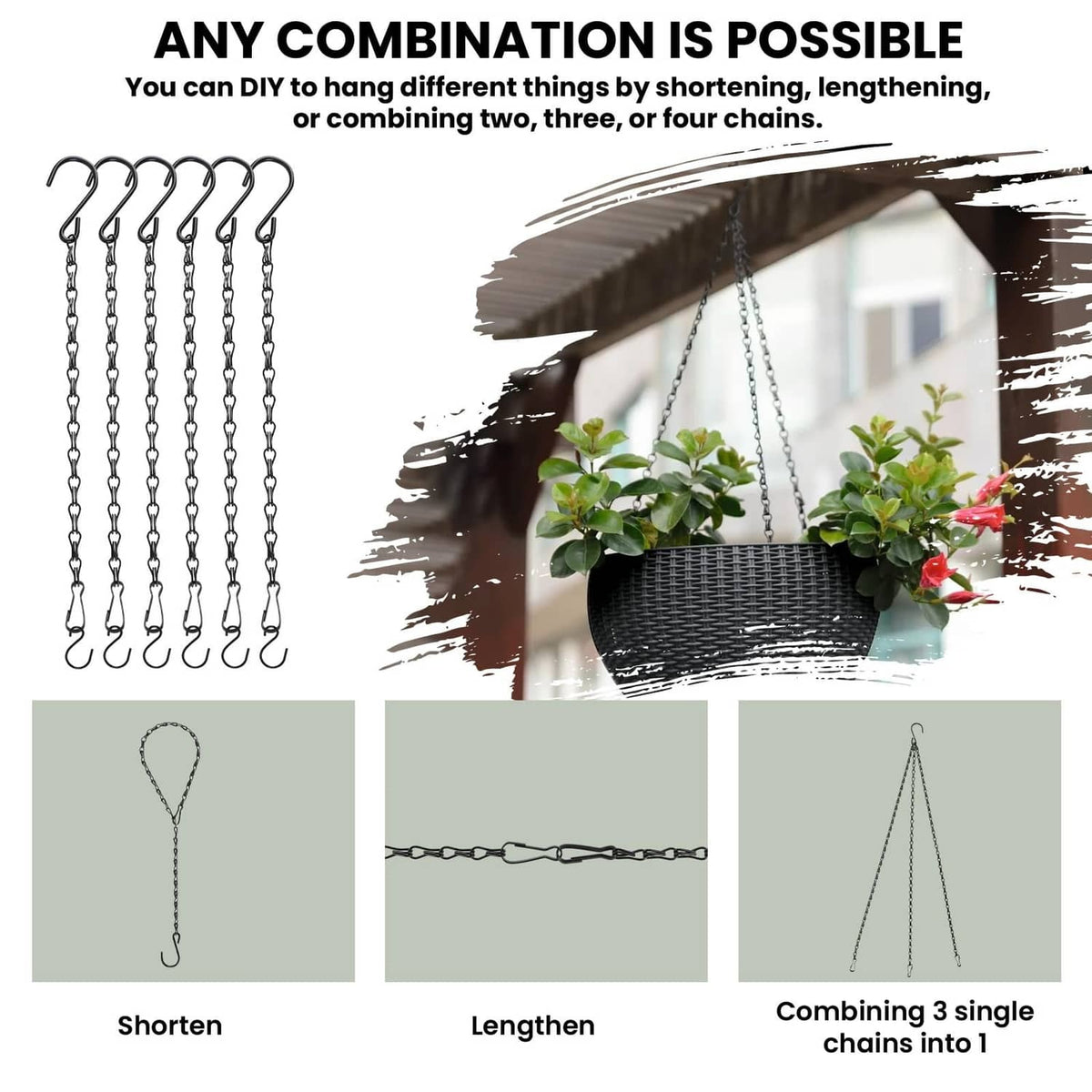 Black multi-chain hanging set with S hooks for combining multiple hanging points