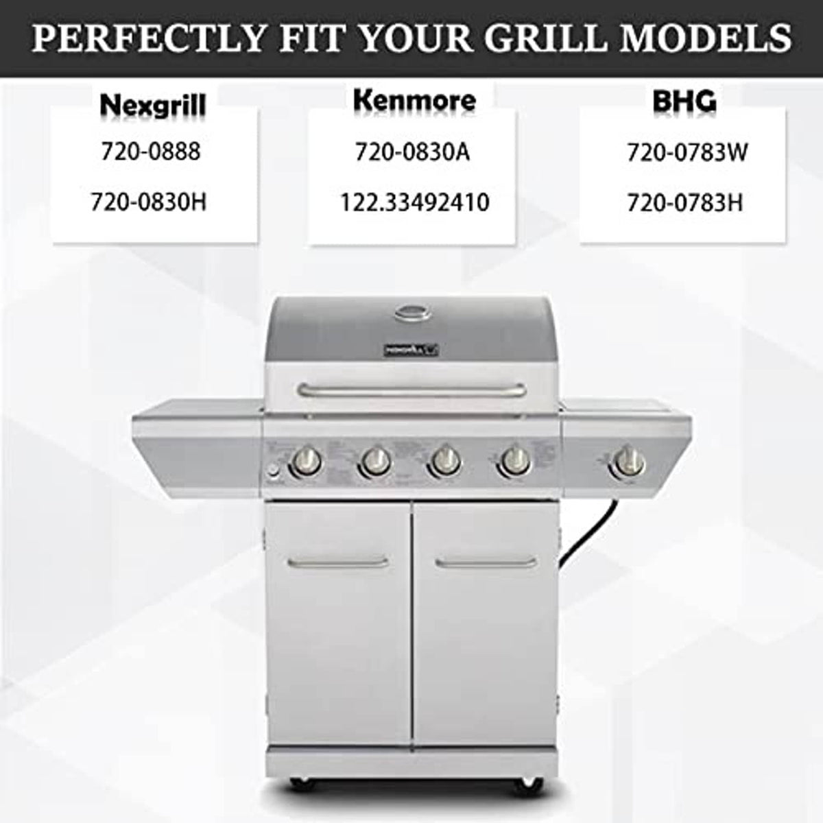 Porcelain steel grill replacement parts shown on a countertop gas grill body