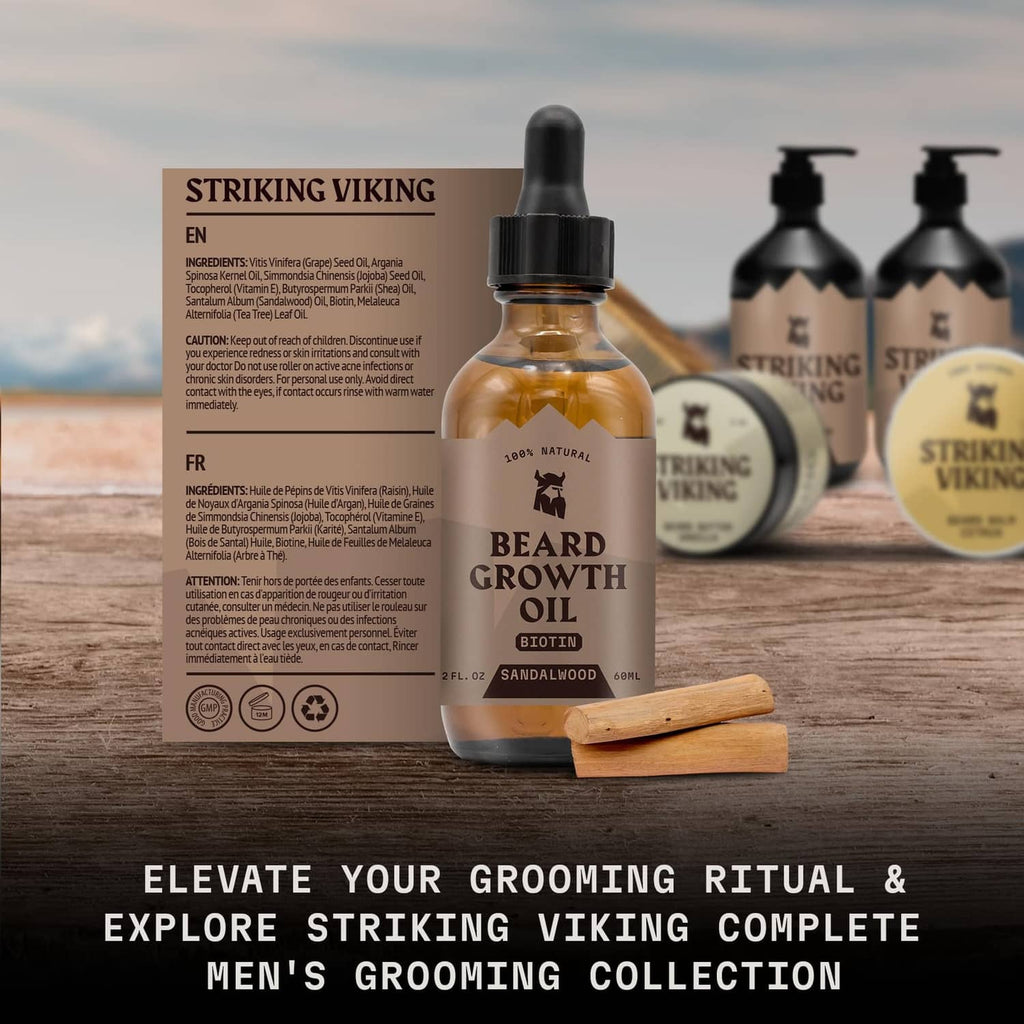Beard growth oil bottle with box showing ingredients and sandalwood scent