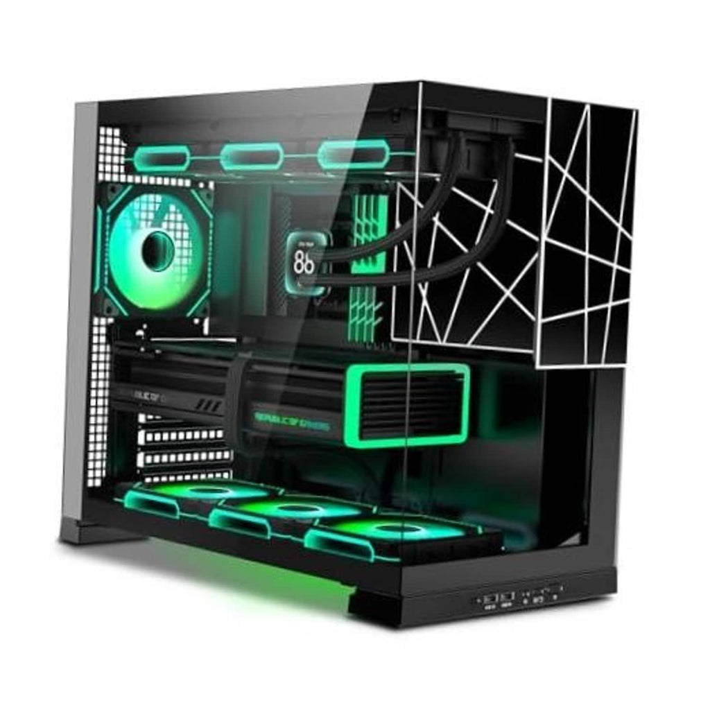 Black mid-tower PC case interior with mesh side panel and teal RGB fans