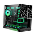 Black mid-tower PC case interior with mesh side panel and teal RGB fans
