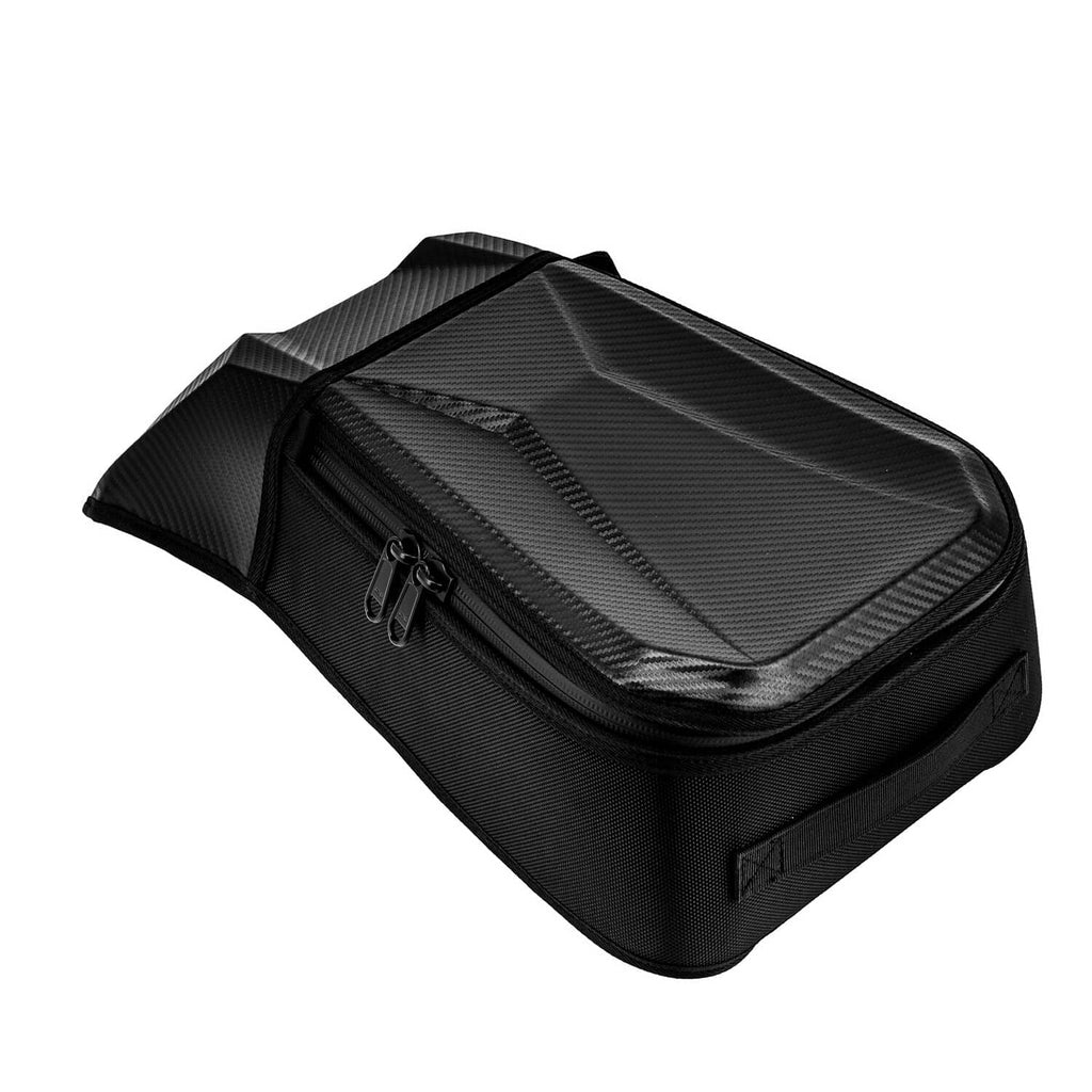 Black UTV storage bag with carbon-fiber style top panel and central zipper.