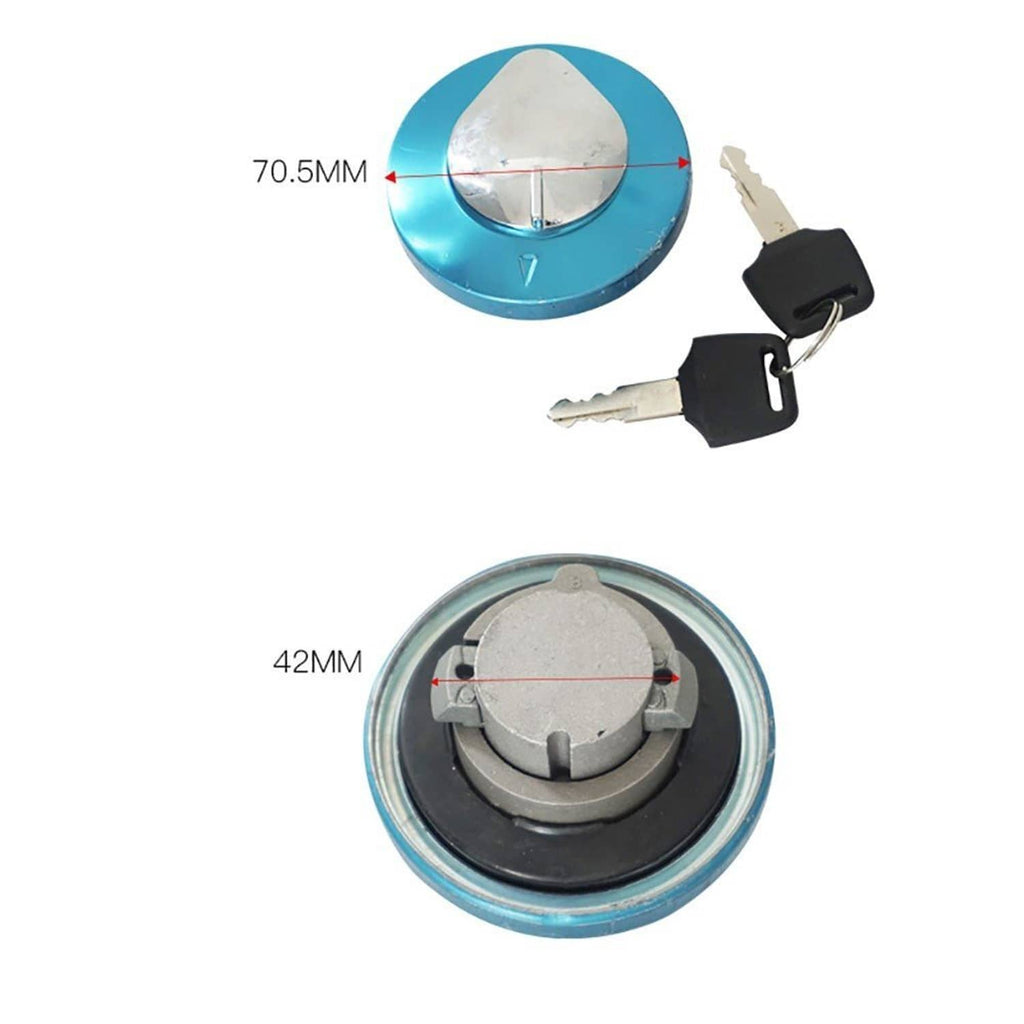 Blue gas tank lock cap and ignition key set with visible size measurements