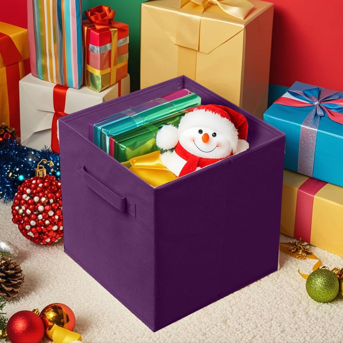 Purple foldable storage cube with top opening, holding toys and wrapped gifts