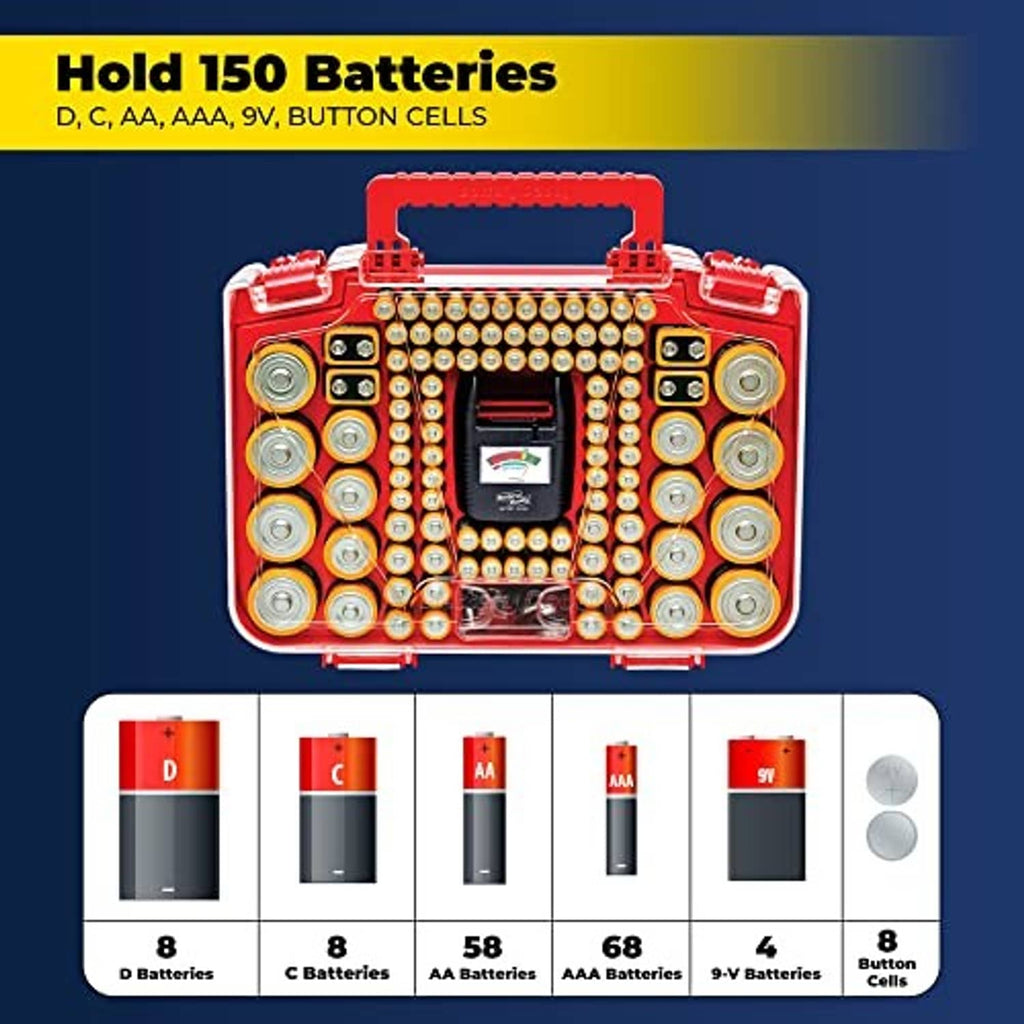 Red battery organizer case with built-in tester window and assorted batteries inside