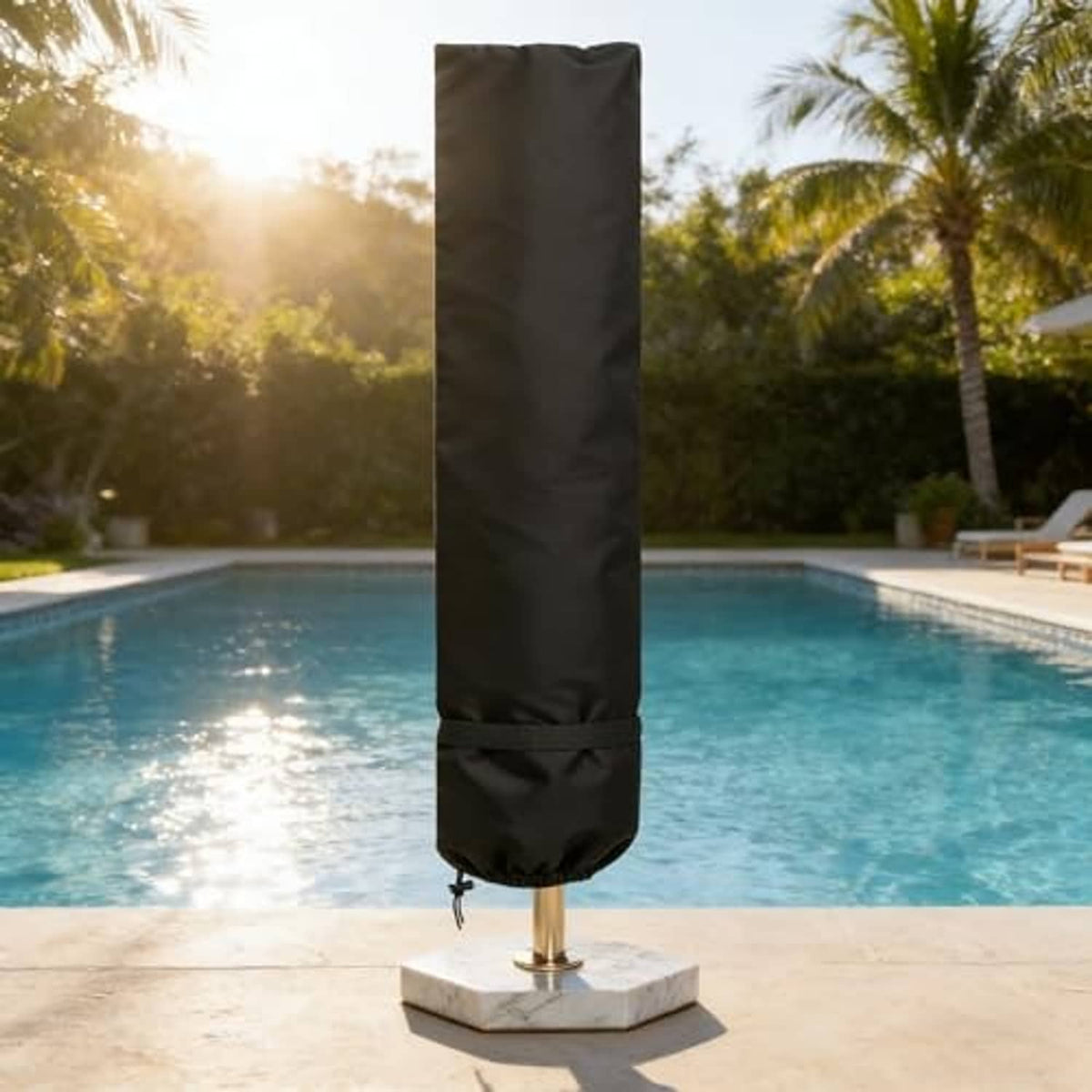 Black patio umbrella cover fitted over umbrella base with cinched bottom