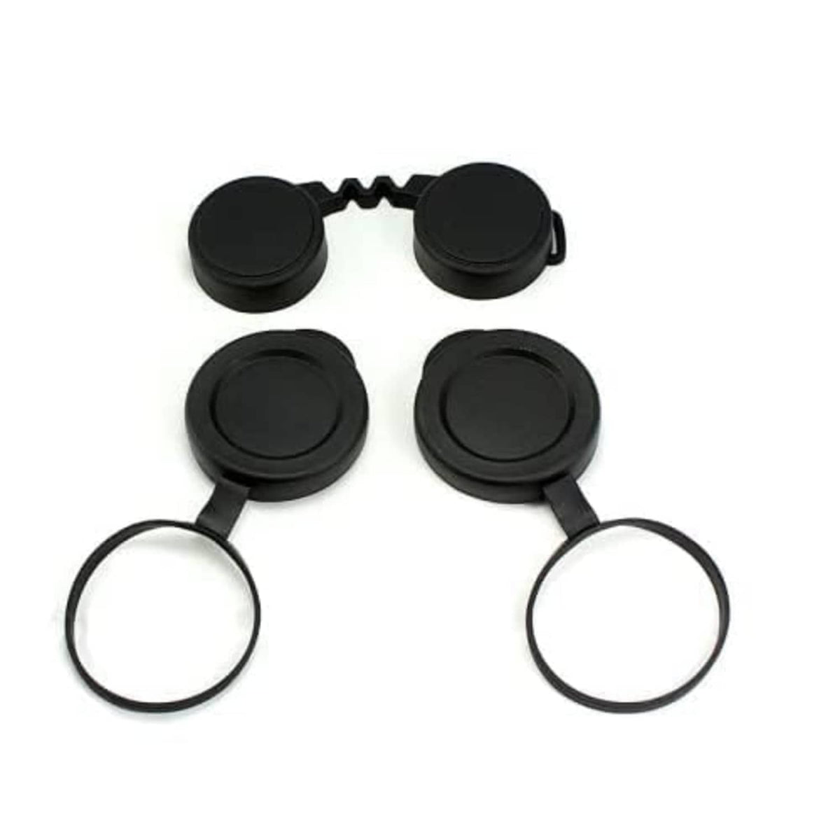 Black rubber binocular lens caps set with hinged covers and elastic retaining rings