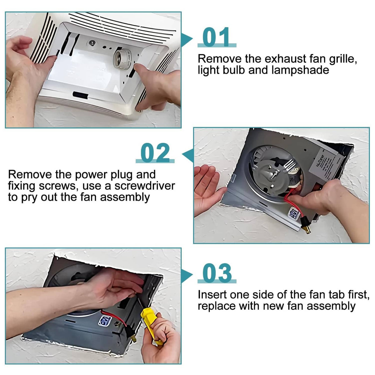 Bathroom fan motor assembly installation steps with hands removing and wiring the unit