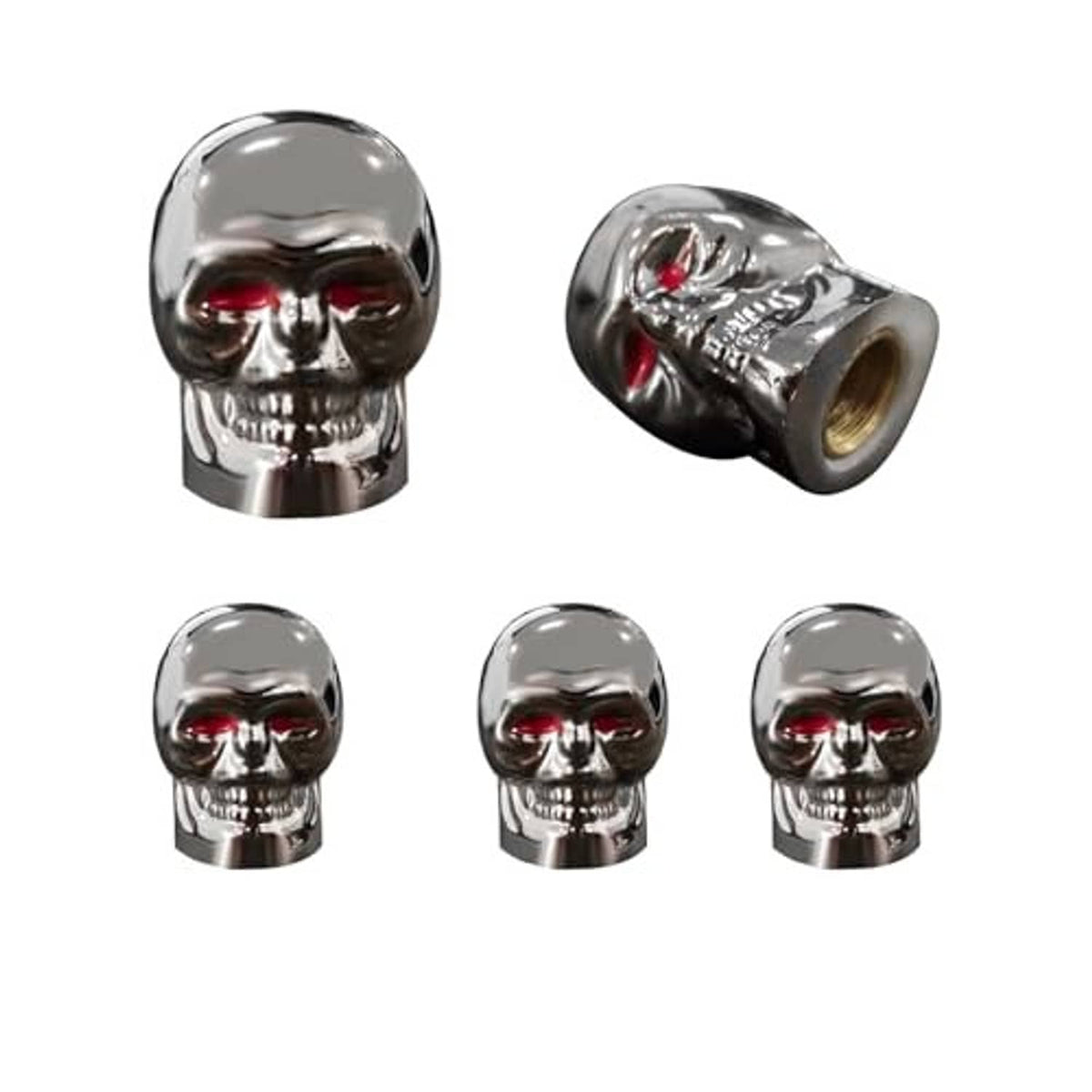 Chrome skull tire valve stem caps with red eyes, angled view and threaded tip