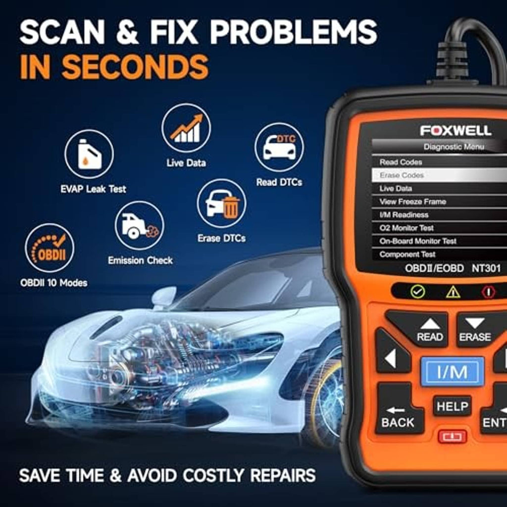 Orange handheld OBD2 scanner with read/erase controls and display, cable attached
