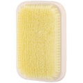 Wall-mounted back scrubber with yellow exfoliating pad in white housing