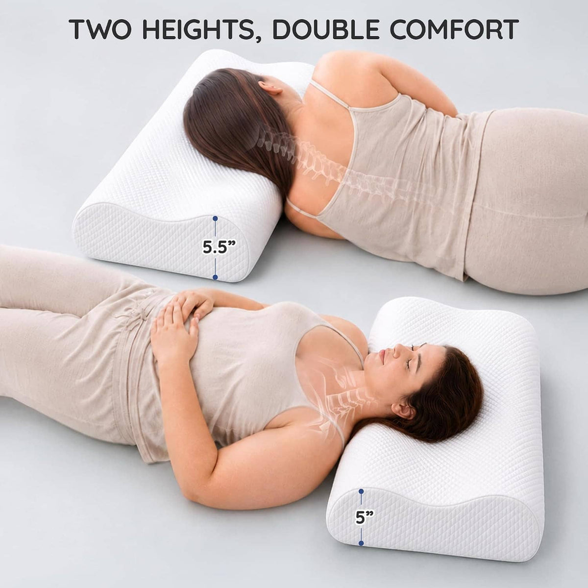 White contour memory foam neck pillow with two height positions for neck support