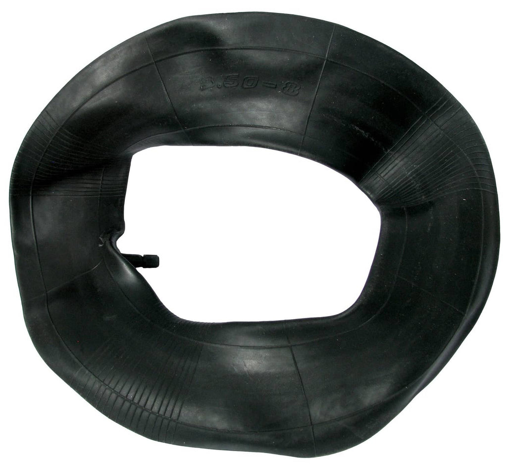 Black inner tube with metal valve stem and molded markings