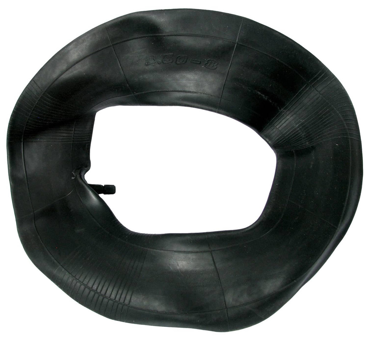 Black inner tube with metal valve stem and molded markings