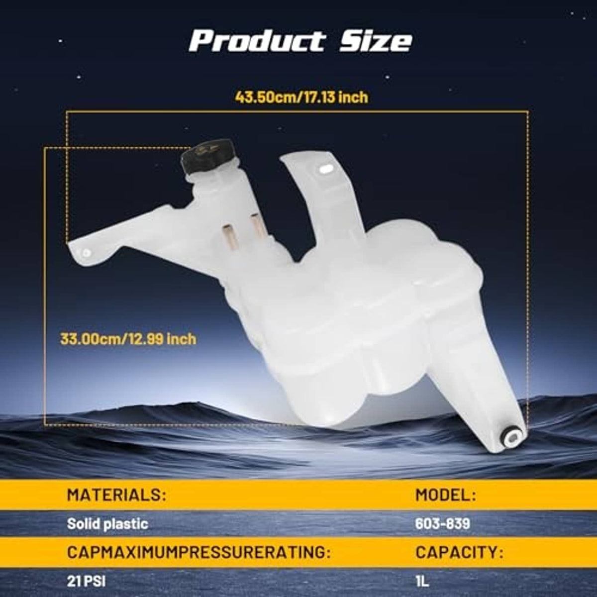 Engine coolant reservoir tank with cap and sensor, white plastic reservoir shown in profile