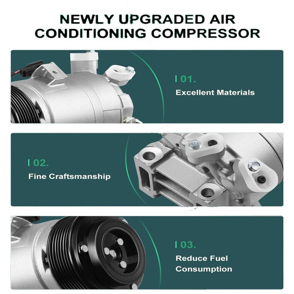 Upgraded A/C compressor graphic showing silver unit and black pulley close-ups