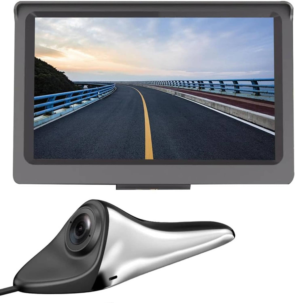 Car blind spot display and side camera system with gray monitor showing road view.
