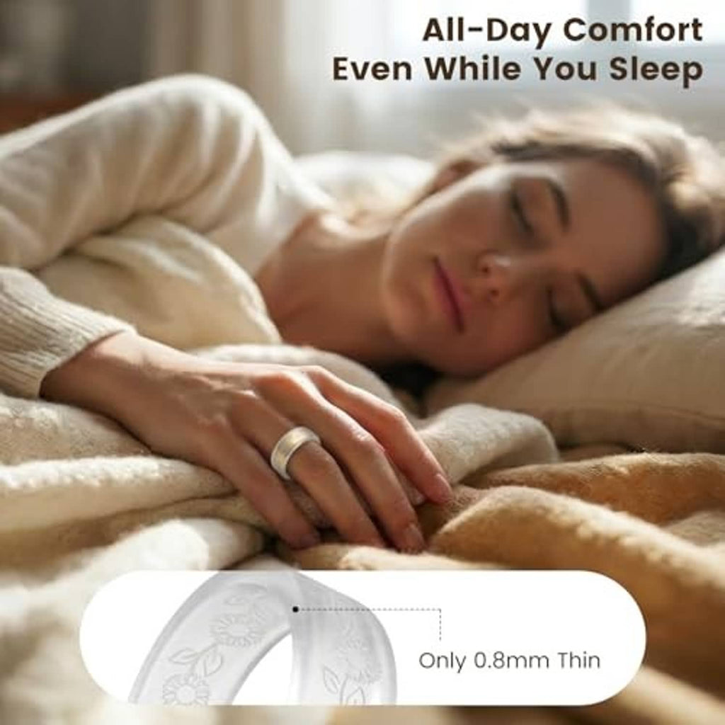 Floral silicone ring cover, thin profile shown on a hand at rest