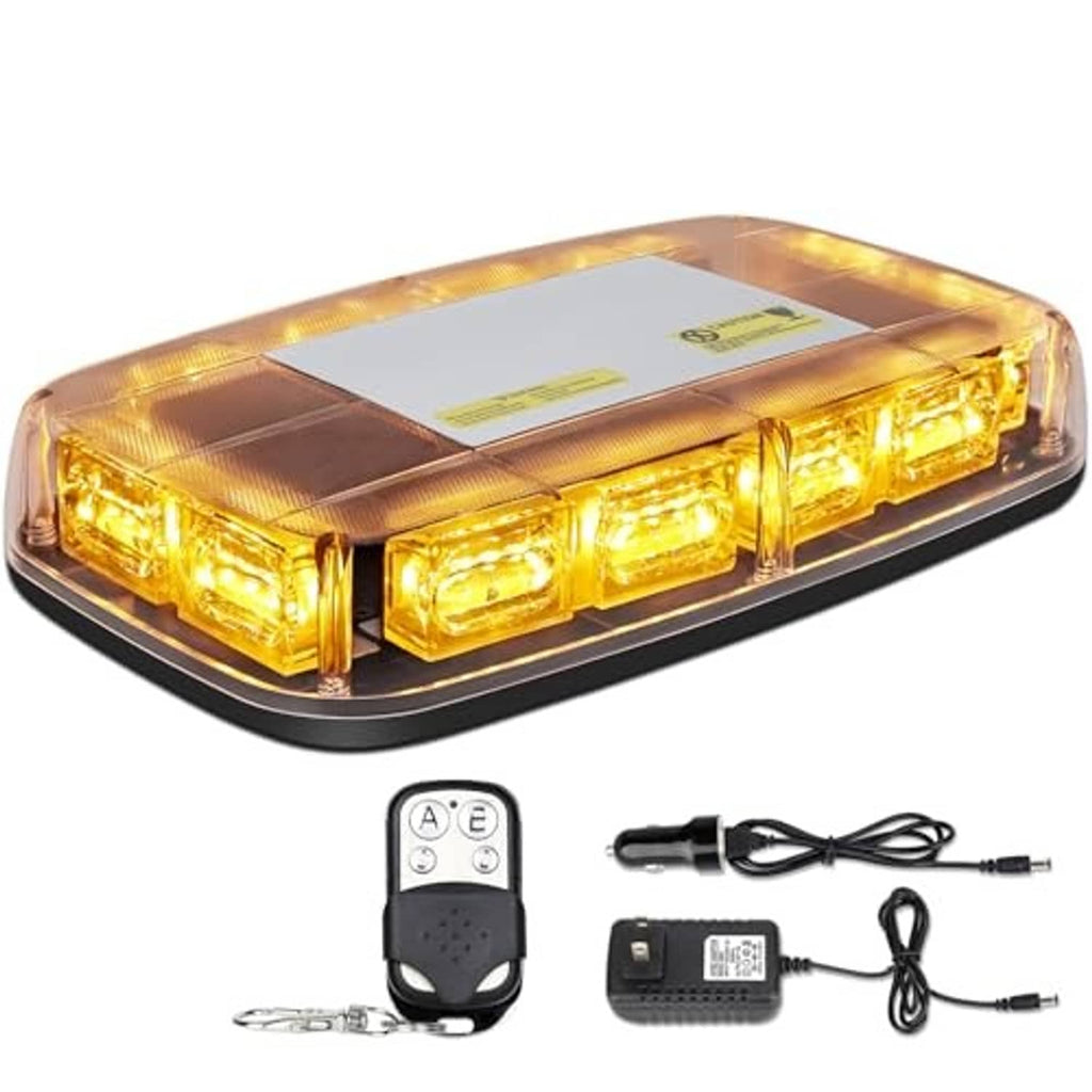 Amber LED strobe light with clear cover, remote and charging adapters in accessory set