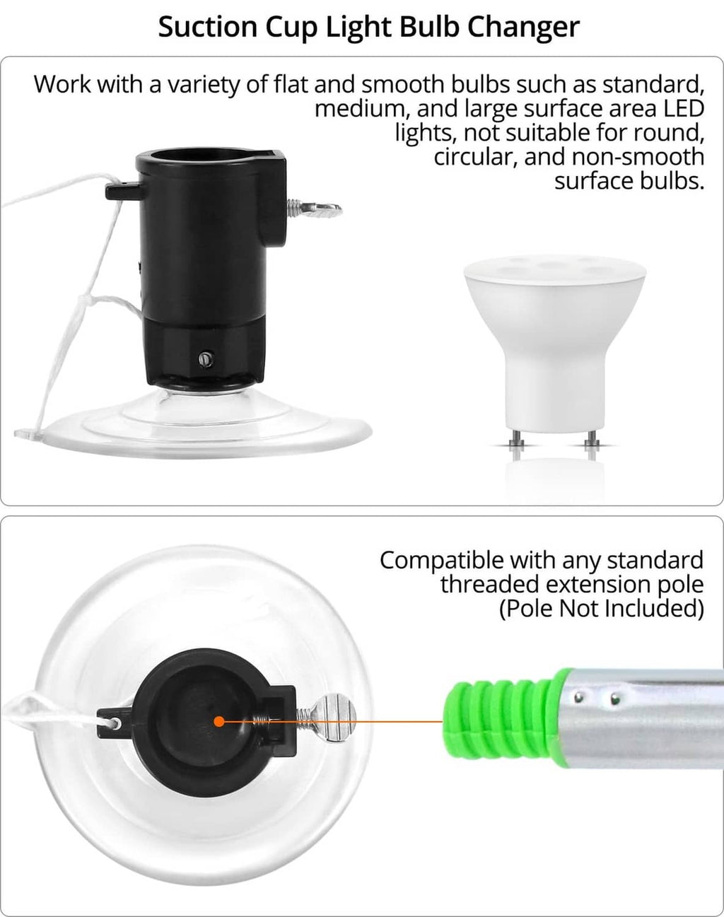 Black suction cup light bulb changer with tripod grip and threaded pole connector