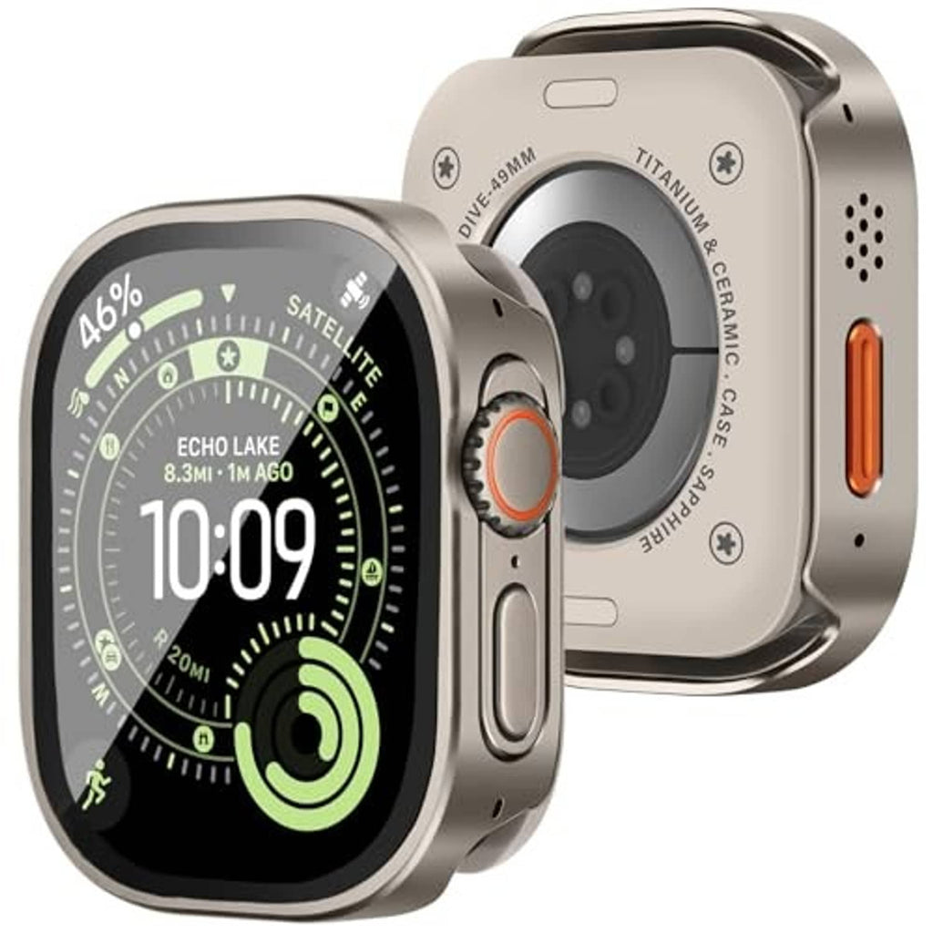 Natural titanium metal watch case with clear screen protector and camera, speaker cutouts