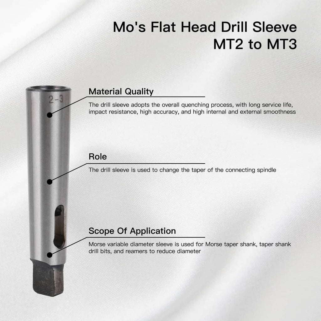 Metal Morse taper drill sleeve adapter, silver, with oval key slot near black shank