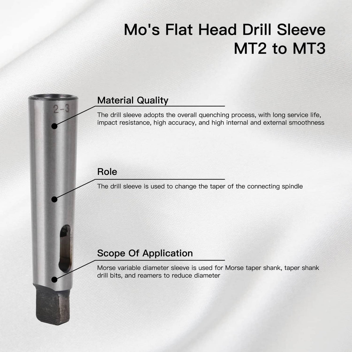 Metal Morse taper drill sleeve adapter, silver, with oval key slot near black shank