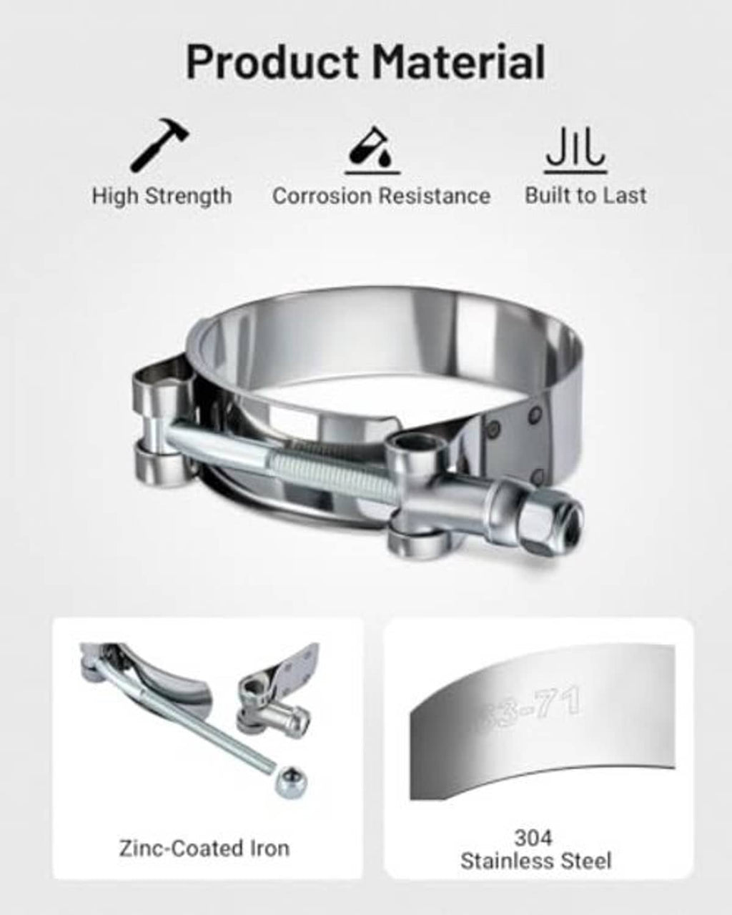 Stainless steel T-bolt hose clamp with shiny band and zinc-coated hardware