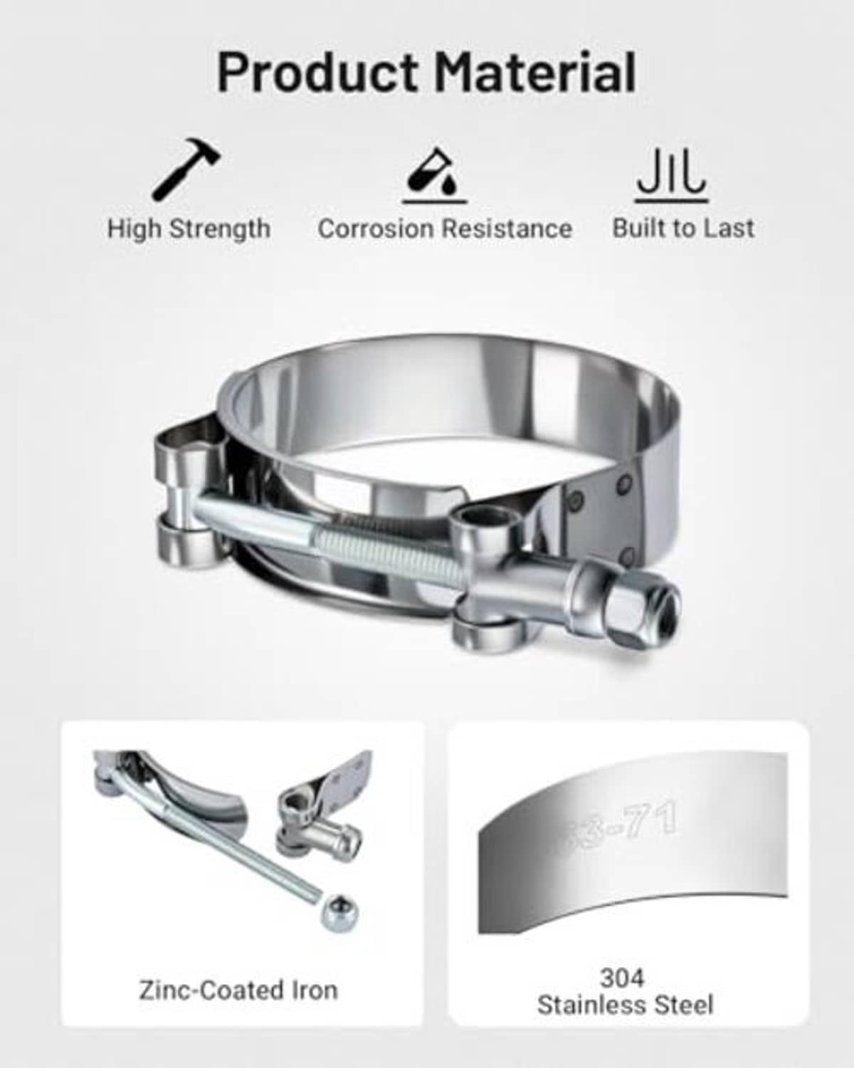 Stainless steel T-bolt hose clamp with shiny band and zinc-coated hardware
