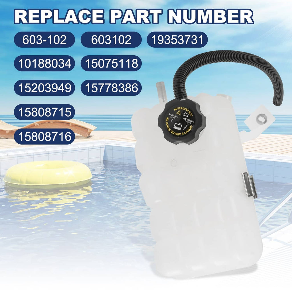 Coolant overflow reservoir tank with black pressure cap and molded outlets, white plastic