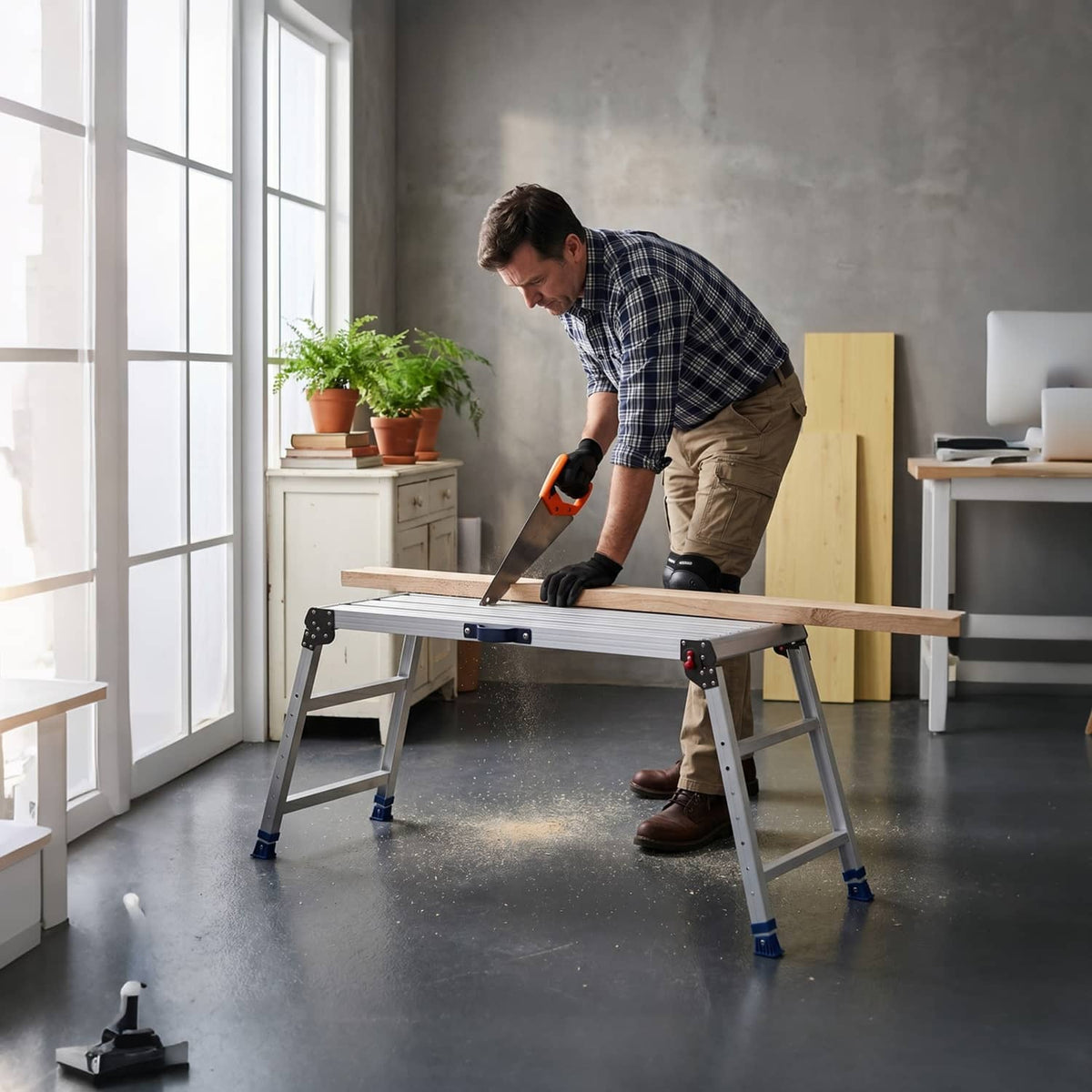 Folding work platform with ribbed top and blue feet supporting a user