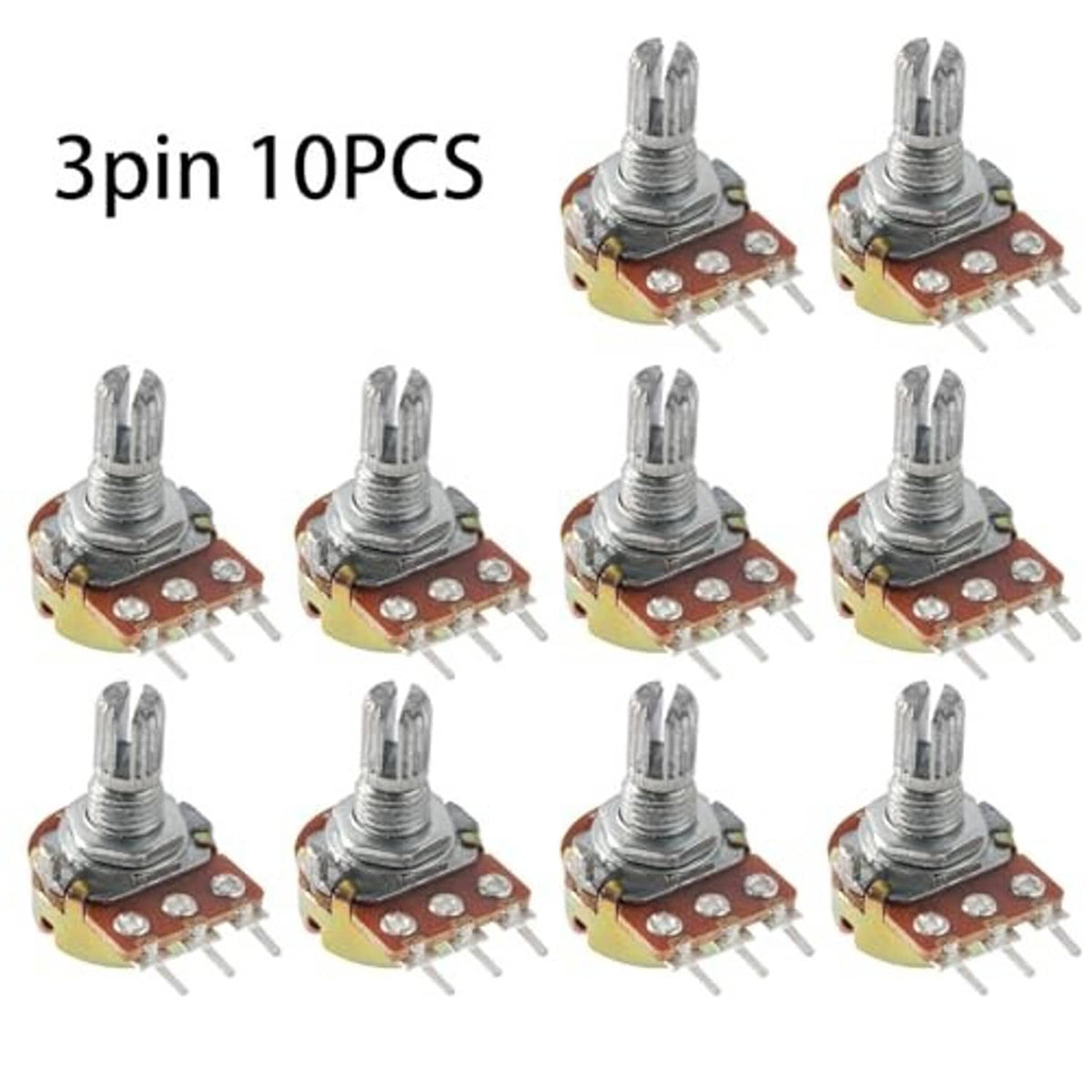 Pack of 10 3-pin potentiometers with metal shaft, circular base, and 3 solder leads