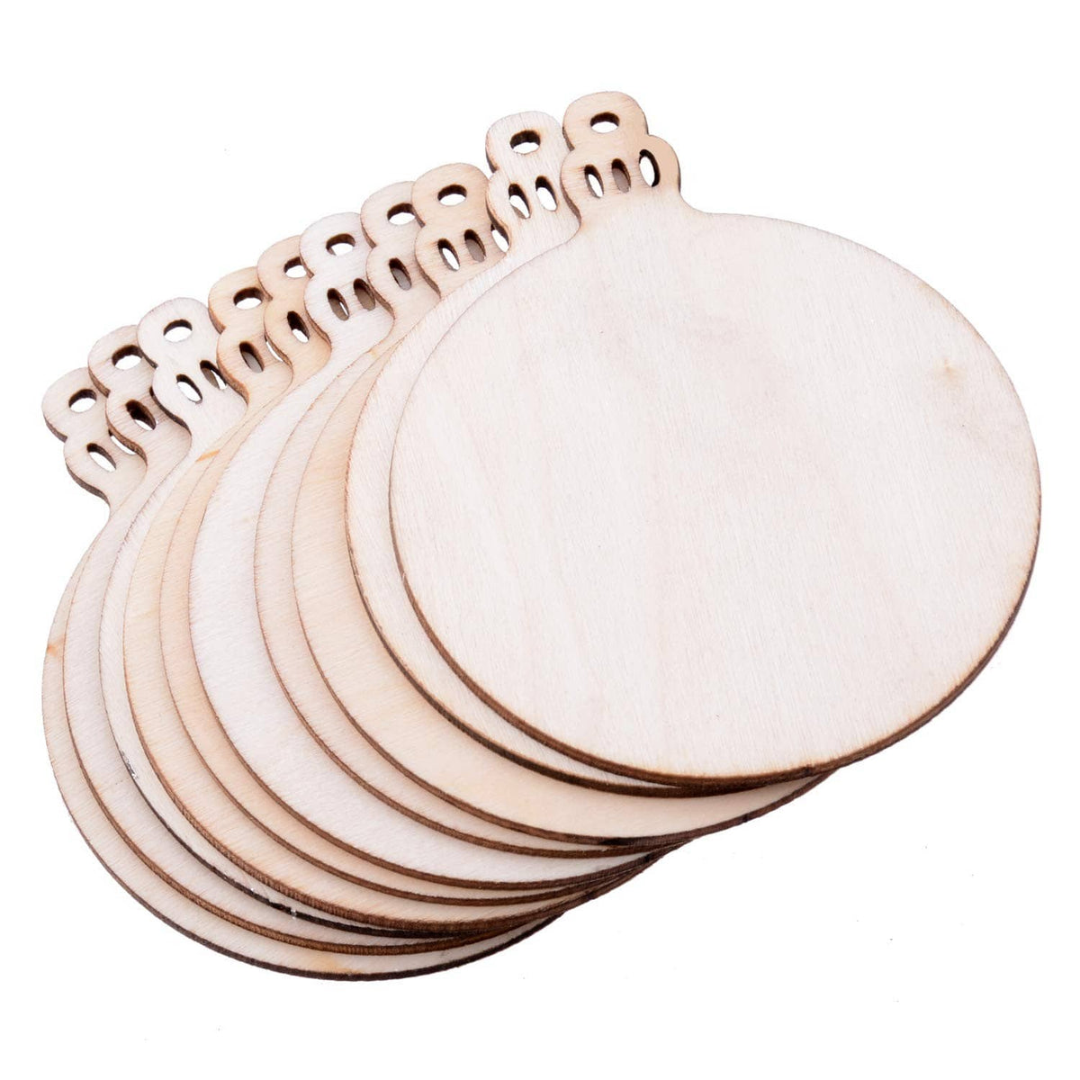 Stack of unpainted round wooden Christmas ornament blanks with hanging loop cutouts