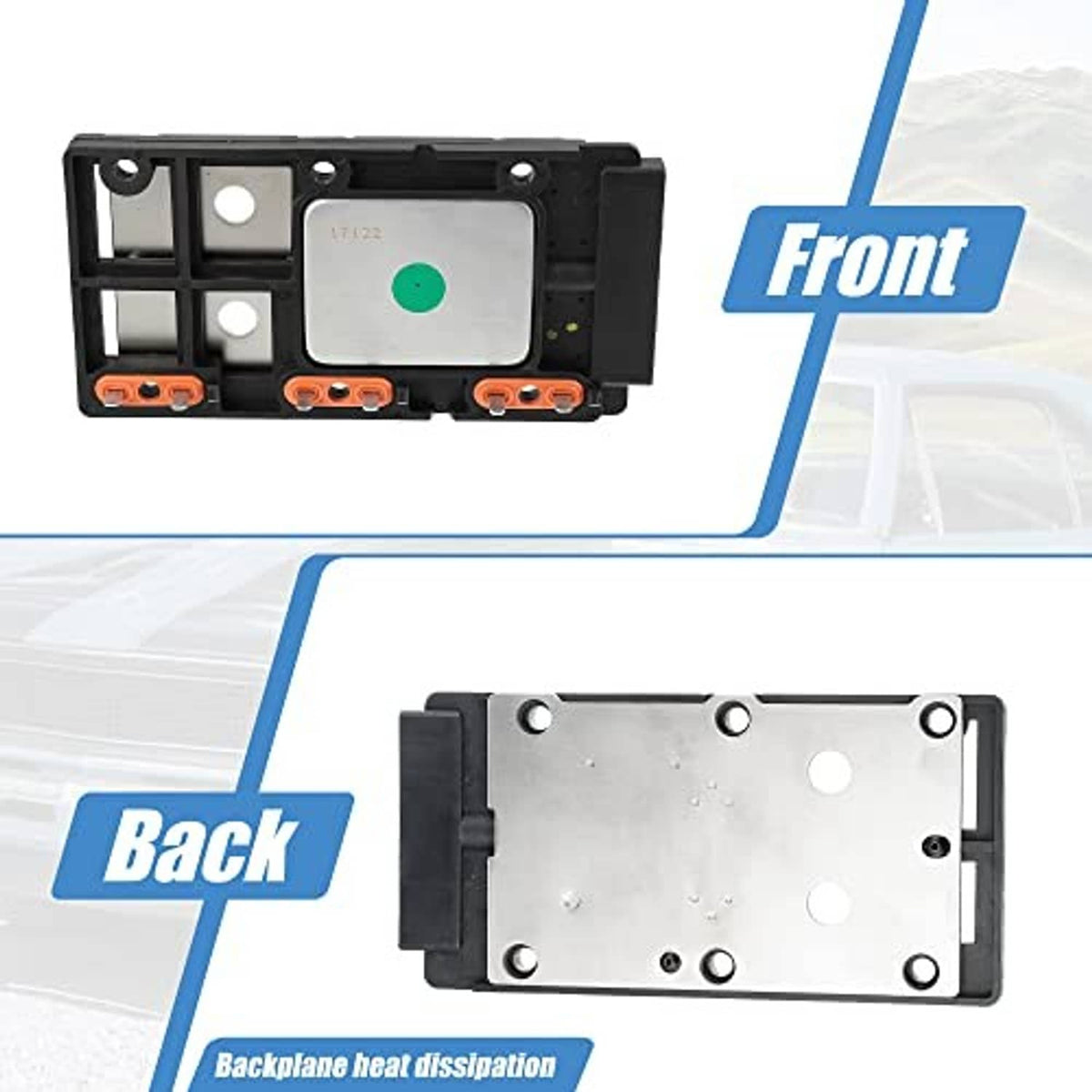 Ignition control module front and back views, black housing with green indicator window